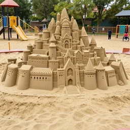 high quality photograph of a masterfully crafted sand sculpture of a massive detailed medieval town at the playground's sandbox