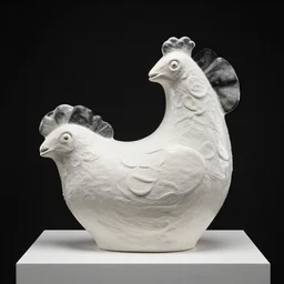black and white 🐓, a surreal contemporary ceramic sculpture on a plinth, by victo ngai, by hikari shimoda, by tracie grimwood, plain black background