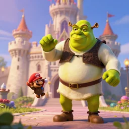 shrek throwing mario into princess's castle, ultra hd 4 k, art, artstation, global illumination, depth of field, matte painting, dnd, trending on artstation