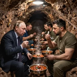 Vladimir Putin and Vladimir Zelensky are sitting in a trench and eating stew, super detailed style