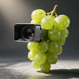 a single grape that is also a hidden camera the camera is also a grape, photo realistic, camera, video camera, grape camera
