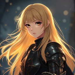 baroque oil painting japanese light novel illustration lotr anime key visual full character portrait concept art | long flowing blonde hair young girl wearing black military crusader armour | gapmoe kuudere moody lighting bokeh stunning highlights | trending pixiv fanbox | by greg rutkowski makoto shinkai takashi takeuchi studio ghibli