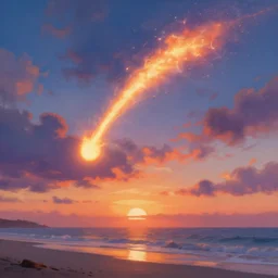 a blazing comet comes down from the sky, beach surreal photography, sunrise, dramatic light, impressionist painting, colorful clouds, digital painting, artstation, simon stalenhag