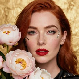 portrait of a woman, close - up, high sharpness, zeiss lens, fashion photo shoot, peony flowers, red hair, red lipstick, in the background of gold, they have rhinestones on their face, ralston crawford, annie leibovitz and steve mccurry, david lazar, jimmy nelsson, georgia totto o'keeffe, eiko hosoe