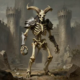 a spiked horned detailed semiork - semihuman skeleton with armored joints stands in a large castle with a pebble in hands. wearing massive shoulderplates. art by gustave dore, jean giraud, philippe druillet. extremely high details, realistic, fantasy art, solo, masterpiece, bones, artstation contest winner