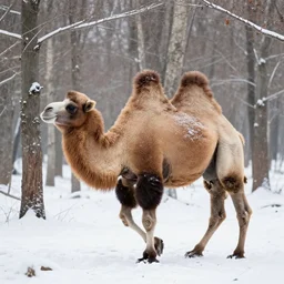 a camel walking in a snowy forest, close photo, wildlife photography