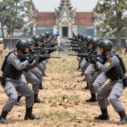 Mercenary Special Forces soldiers in grey uniforms with black armored vest and black helmets launching an ambush in Cambodia 2022, Canon EOS R3, f/1.4, ISO 200, 1/160s, 8K, RAW, unedited, symmetrical balance, in-frame, combat photography