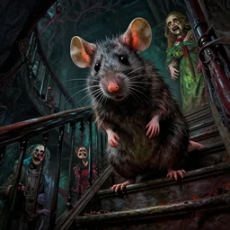 cinematic colorful horror artwork by artgerm, beksinski, mark brooks, stephen king ; real life full portrait of ugly furry mouse at the top of stairways looking down ; low angle tilt up from bottom ; dark ominous scary, 8 k hdr, creepy intricate ; volumetric dramatic lighting, insanely detailed, haunting