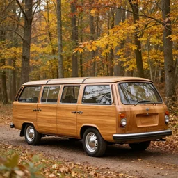 7 0's station wagon with wooden sides parked in an autumn forest near a cosy wooden house, golden leaves, golden hour, cinematic background blur, detailed digital art, behance, artstation, masterpiece