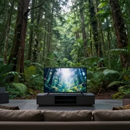 tv and couch at the bottom of an ocean forest