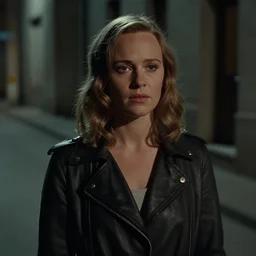 A close-up, color outdoor film still of a Alicia Amanda Vikander standing on the dark alleyway, ambient lighting at night, from Blade Runner(1982).