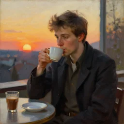 attractive man drinking coffee, sunset, painting by carl larsson, vladimir volegov, j. c. leyendecker, tom of finland, trending on artstation
