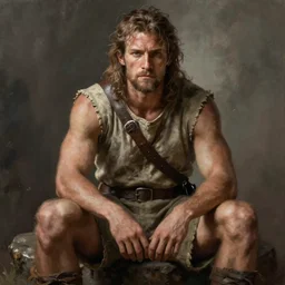 Portrait of a rugged ranger sitting down, male, muscular, straight nose!!!, detailed face, handsome face, bare thighs!!!, simple clothing!!!!!, fantasy, medieval, highly detailed, cinematic lighting, digital art painting by greg rutkowski
