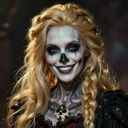 a beautiful smiling fancy undead skull lady with long blonde hair and braid on the head by dan mumford and gil elvgren