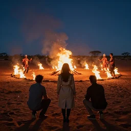 atmospheric photograph of three ravers, two men, one woman, woman is in a trenchcoat, blessing the soil at night, seen from behind, people facing fire circle, two aboriginal elders, dancefloor kismet, diverse costumes, clean composition, desert transition area, bonfire, atmospheric night, australian desert, symmetry, sony a 7 r