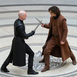 Cinematic knife-duel between bald_hairless_Austin_Butler-dressed-in-black and Timothee_Chalamet_dressed-in-brown-felt, on a mosaic floor dais, inspired by Dune 2020, detailed faces