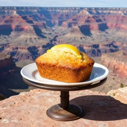 a lemon bread sitting on a plate, on an iron small pillar, next to the grand canyon, realistic photo