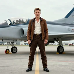 centered portait of benedict cumberbatch as indiana jones in top gun, standing in front of fighter plane, wide shot