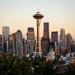 view of seattle skyline, hd, style of wlop, golden hour,