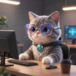 crypto trading lyoki cat, futuristic, wearing cool glasses, sat at a desk, digital art