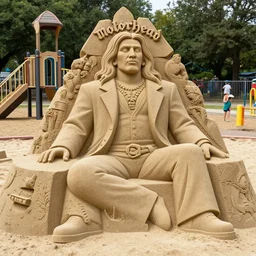 masterfully crafted sand sculpture of a lemmy kilmister from motorhead at the playground's sandbox
