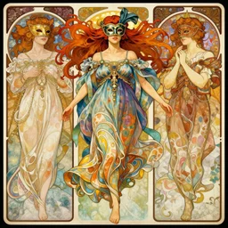woman in Venetian mask, character concept, floating hair, gauzy dress, full body shot, colorful, highly saturated colors, fantasy character, detailed illustration, digital art, overdetailed art, concept art, Dan Mumford, Peter Mohrbacher, Alfons Mucha, Greg Rutkowski, trending on artstation