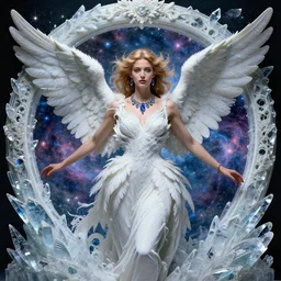 hyperrealistic portrait of an angel woman coming through the utopia portal highly detailed carving on southern ice porcelain crystalized leaves nebulas woodfired art wearing white swan dress long feathers and sapphire jewellery by jeremy mann and alphonse mucha, fantasy art, photo realistic, dynamic lighting, artstation, poster, volumetric lighting, very detailed faces, 4 k, award winning