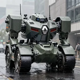 a concept art of a renault war mech, highly detailed, fine art, digital art, rainy day, renault armour, renault logo on the chest, trending on artstation by famous artists