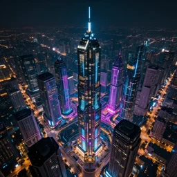 photograph of enormous futuristic city, nighttime, aerial view, style of blade runner, cyberpunk, glowing multicolored neon, futuristic megastructures, award winning photo