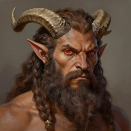 painting of goliath, braided hair and beard. Brown skin. Red eyes. Elf ears, horns Portrait. Craig mullins. ArtStation, CGSociety, Unreal Engine