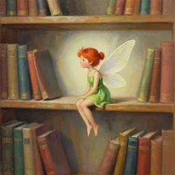 a painting of a tiny fairy flying sitting on a bookshelf, ((((library interior)))), red hair, green dress, profile portrait, concept art by artgerm, alex ross, ruan jia, behance contest winner, vanitas, official art, poster art, concept art