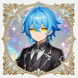 a hologram of rimuru tempest, sky blue hair, golden yellow eyes, wearing black stylish clothing, holography, irridescent, baroque rococo visual kei decora art