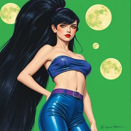 longest black hair, blue latex pants, purple croptop, mars moons, acid green background. highly detailed, digital painting, watercolor, soviet realism, engraving, artstation, concept art, smooth, sharp focus, vivid grunge, manga, unreal engine 5, 8 k, art by bilibin and kilian eng and kuvshinov and malevich and mucha