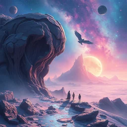 a psychedelic landscape at the edge of the known universe, astral beings sharing love!!!!, in the style of greg rutkowski! and wlop and lisa frank! and bob ross!!! and ruan jia, illustration, epic, fantasy, hyper detailed, smooth, chromatic, iridescent, subsurface scattering