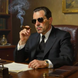 beautiful oil matte portrait painting, mafia boss smoking a cigar at his 5 0 s new york office desk, wonderful masterpiece highly detailed, beautiful cinematic light deep focus, elegant, digital painting, smooth, sharp focus, golden ratio, dramatic illumination, ultra realistic, 8 k, art by jimmy law