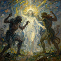there stands a benevolent celestial being in the midst of a horizontal scene. evil and badness attack the celestial being from one side, but from his other side emerges light and life. the celestial being is a conduit. light and life emanate from the celestial being. | painting by van gough