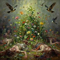 'Life from death' An aesthetic horror painting depicting 'A human slaughterhouse with plants and flowers growing from corpses, birds and insects flying around' by Wayne Barlowe, Trending on cgsociety artstation, 8k, masterpiece, cinematic lighting, highly detailed, vibrant colors.