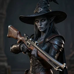 a female drow elf, dark grey skin, serious face, holding a detailed and realistic hand crossbow, wearing a witch hat, hunter, slick leather armor, style by donato giancola, wayne reynolds, jeff easley dramatic light, high detail, cinematic lighting, artstation, dungeons and dragons