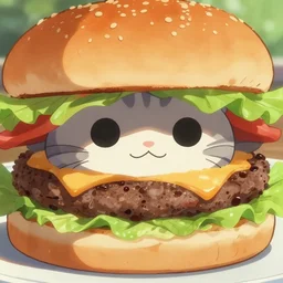 full close up image burger food, cat, cat, close up, full image, food, burger, hamburger, tasty look, artstation, style of jesper ejsing, by rhads, makoto shinkai and lois van baarle, ilya kuvshinov, rossdraws