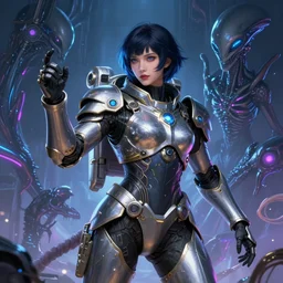 armored astronaut girl fighting with alien, ssci-fi, neon light and fantasy, intricate and very very beautiful and elegant, highly detailed, digital painting, artstation, concept art, smooth and sharp focus, illustration, art by tian zi and WLOP and alphonse mucha