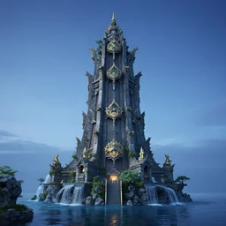 environment art, tower of th water god, blue hour