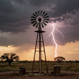 photo of a stormy west texas sunset, perfect rustic ( ( windpump ) ), film photography, lightning, golden hour, high quality, beautiful!!!