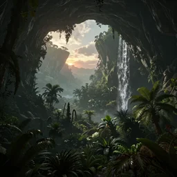 a beautiful render of a dark prehistoric rainforest in a humongous cave, lush flora, patches of sky, sunset, floating mountains and a waterfall in the background, intricate detail, hazy, humid, volumetric lighting, 8 k, photorealistic, raytracing effects, unreal engine 5