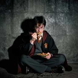 Harry potter film, a scene where Harry is eating in a Concrete wall basement, Dark cinematic color tones.