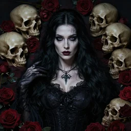 dressed dark sorceress surrounded by skulls and roses, atmospheric, cushart krenz, very detailed, realistic face, detailed face, matte, tonemapping, bbwchan, perfection, 4 k, cushart krenz