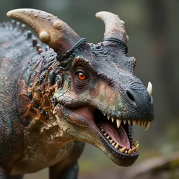 incredibly realistic, too detailed face of futuristic styracosaurus chimera human, laughing smile, octane render, bump mapping, macro image, global illumination, 8 k, bokeh, enki bilal, yuji himukai, jen zee, peter mohrbacher