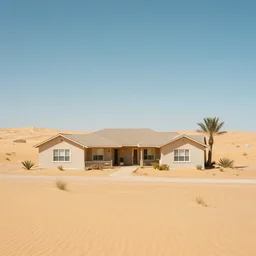 a suburban house in the middle of a desert, surreal,