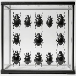 a specimen collection of beetles in a glass case, platinum palladium print, 100mm lens,