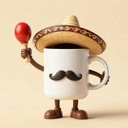coffee mug with arms and legs, mustache, wearing a sombrero, shaking maraca's