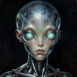 baroque neoclassicist close - up sci - fi portrait of an alien machine boy with big glowing eyes gazing intensely, pearlescent chrome. dark black ominous background, glowing atmosphere. highly detailed science fiction horror painting by norman rockwell, frank frazetta, and syd mead. rich colors, high contrast, gloomy atmosphere. trending on artstation and behance.